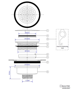Preview: Technische Zeichnung eines Duschwannenablaufs ohne Siphon Paralleldesign. Die Abbildung zeigt alle Montagedetails und Einzelteile des Ablaufsystems mit genauen Maßangaben. Der Ablauf ist passend für Duschwannen mit 90 mm Ablaufloch und einem Anschlussmaß 